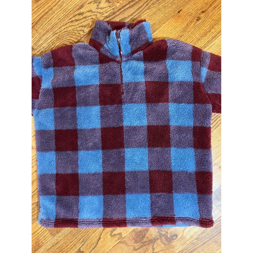 Eddie Bauer Womens XL Fleece Pullover Quarter Zip Blue Burgundy Buffalo Plaid‎